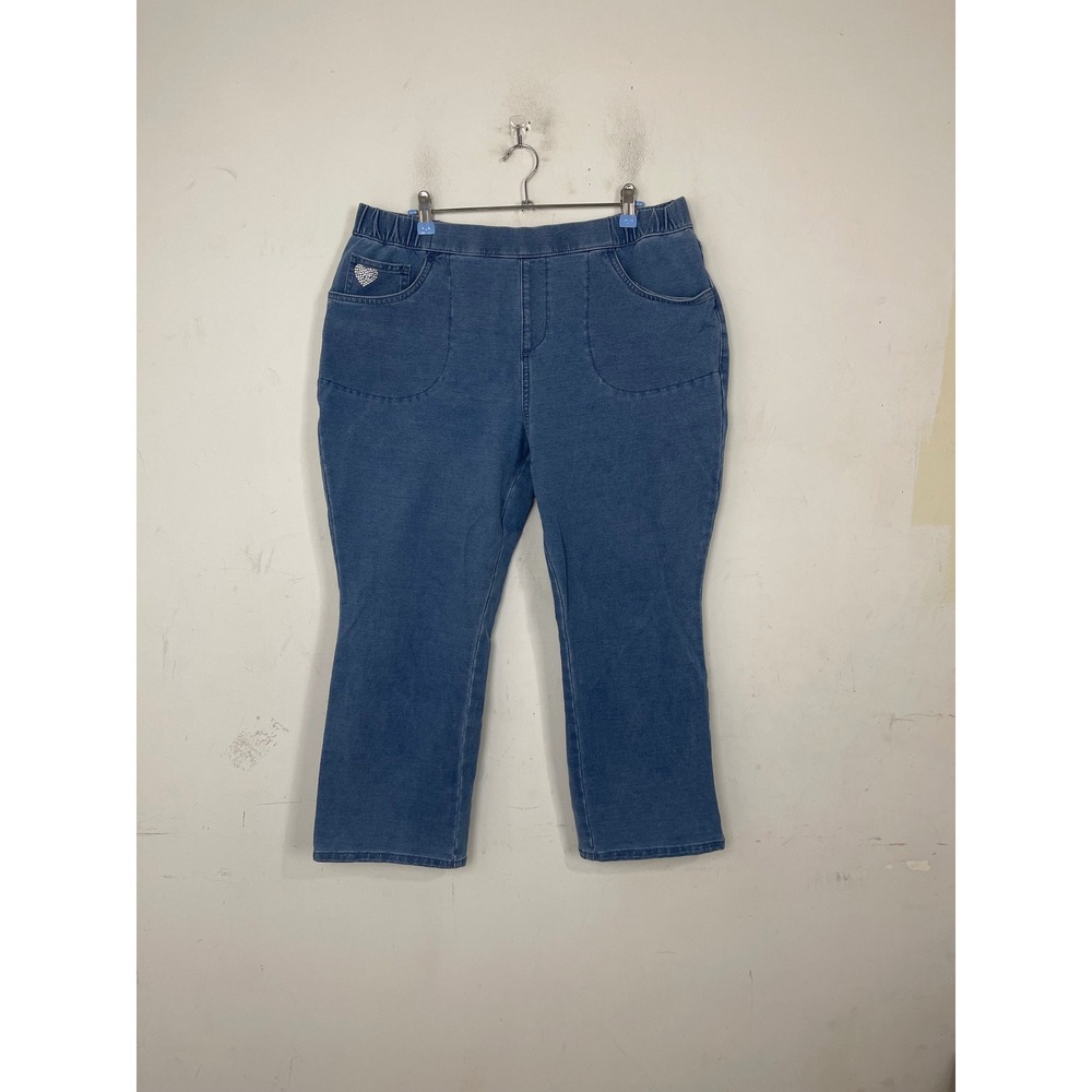 Quacker Factory DreamJeannes Blue Denim Pull On Pants Rhinestone Heart L Short